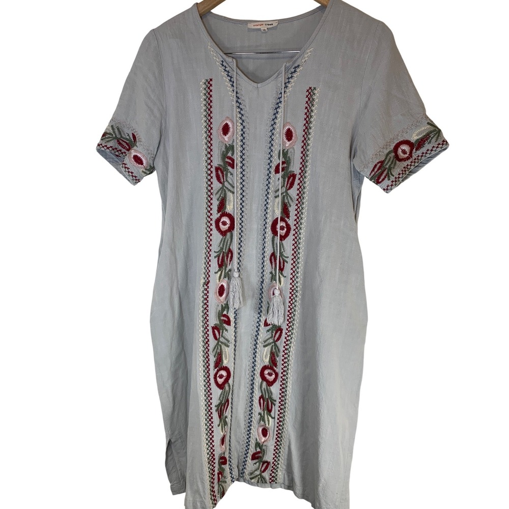 Embroidered Linen Blend Tunic midi Dress M Boho Peasant pockets cottagecore folk